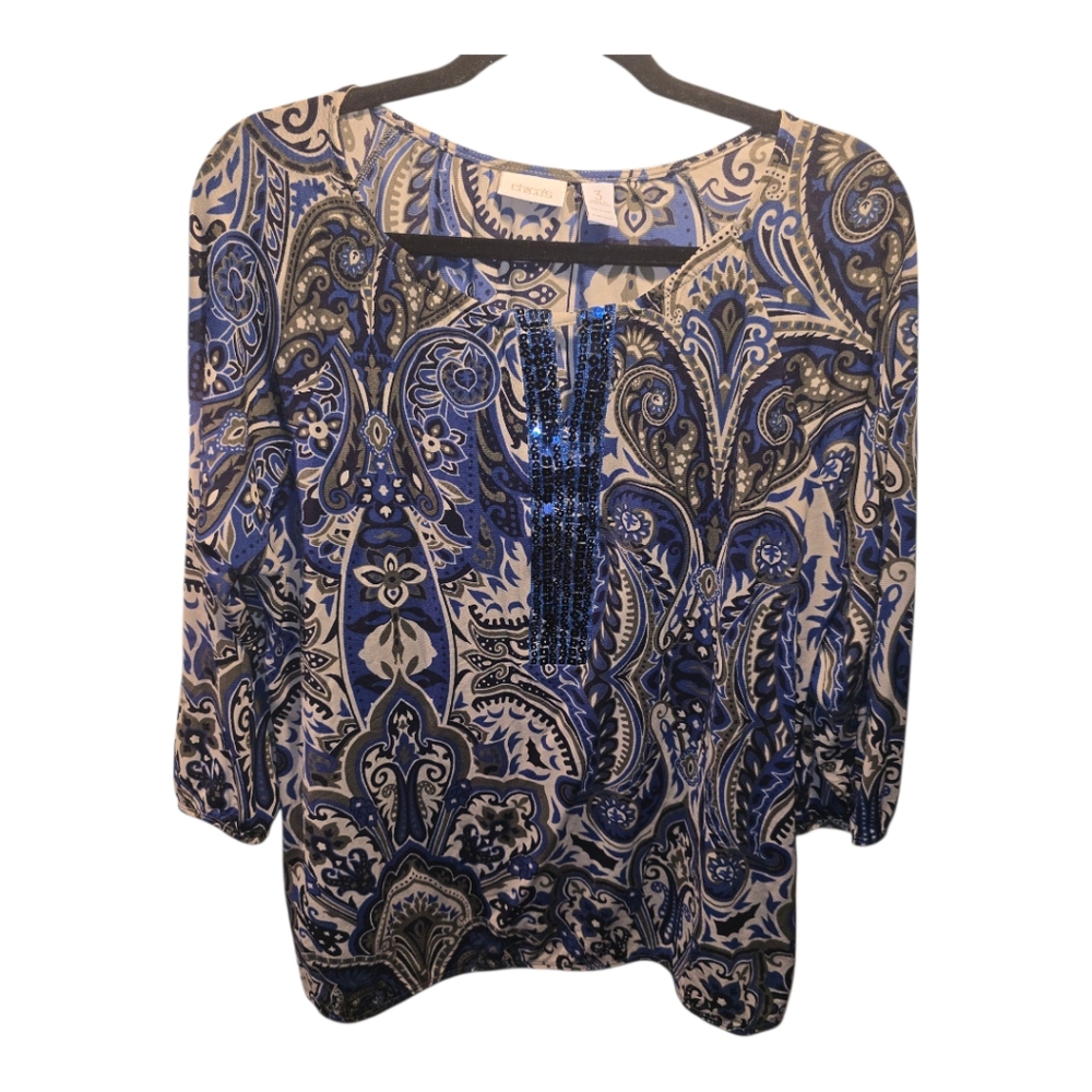 Chico's Sz. Xlarge Blue/tan/white Paisley Print Blouse